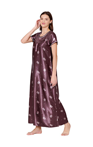 Bodycare Womens Satin Round Neck Printed Long Night Dress-BSN6007A