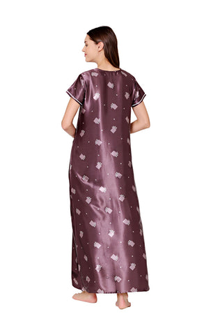 Bodycare Womens Satin Round Neck Printed Long Night Dress-BSN6007A