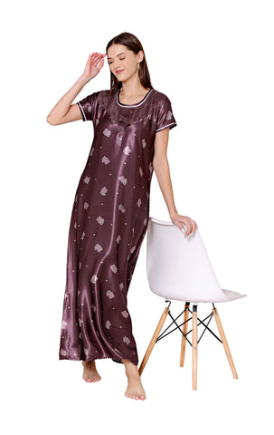 Bodycare Womens Satin Round Neck Printed Long Night Dress-BSN6007A