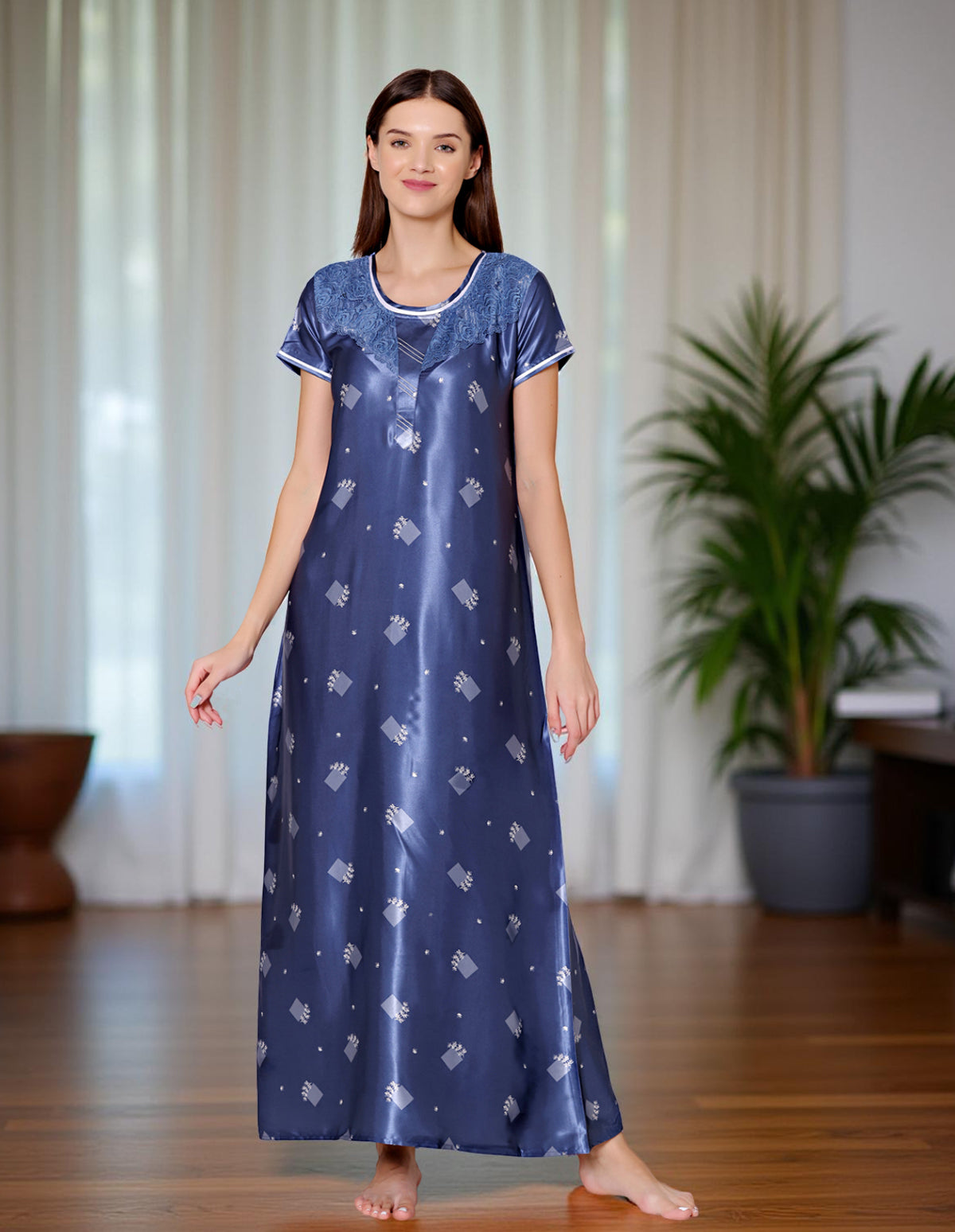 Bodycare Womens Satin Round Neck Printed Long Night Dress-BSN6007B