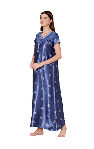 Bodycare Womens Satin Round Neck Printed Long Night Dress-BSN6007B