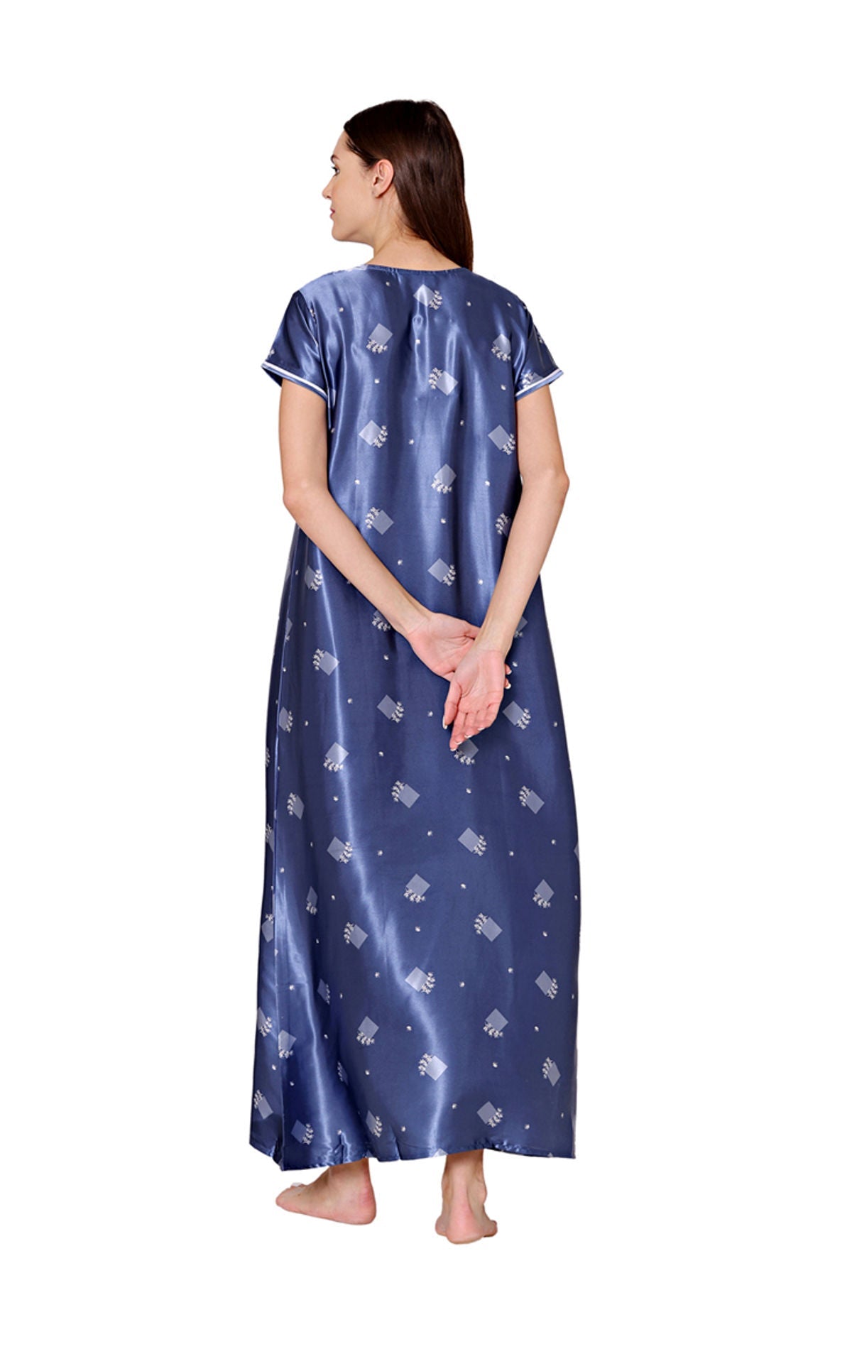 Bodycare Womens Satin Round Neck Printed Long Night Dress-BSN6007B