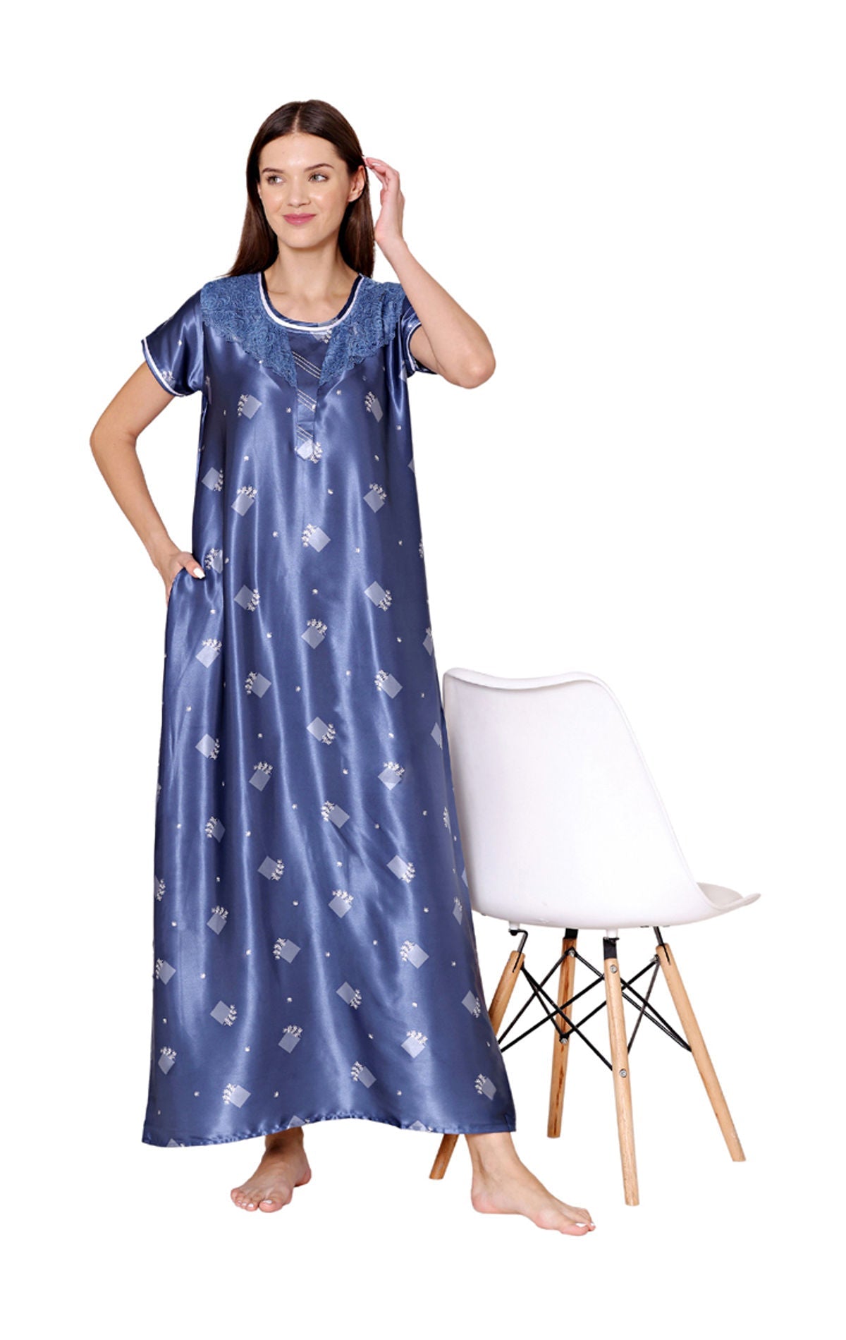 Bodycare Womens Satin Round Neck Printed Long Night Dress-BSN6007B