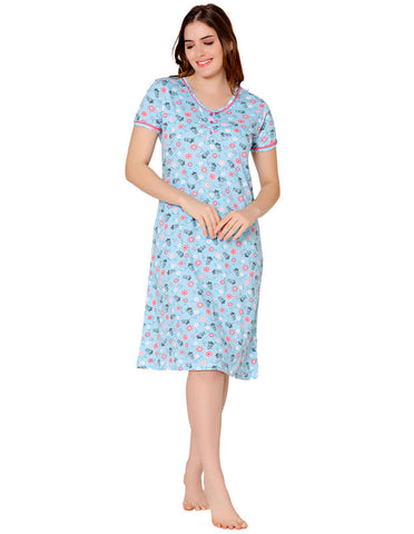 Bodycare Womens Combed Cotton Round Neck Printed Short Night Dress-BSN9001