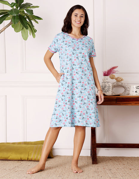 Women’s Blue Short Nighties by Bodycare – Comfortable Cotton Knee-Length Nightdress-BSN9001