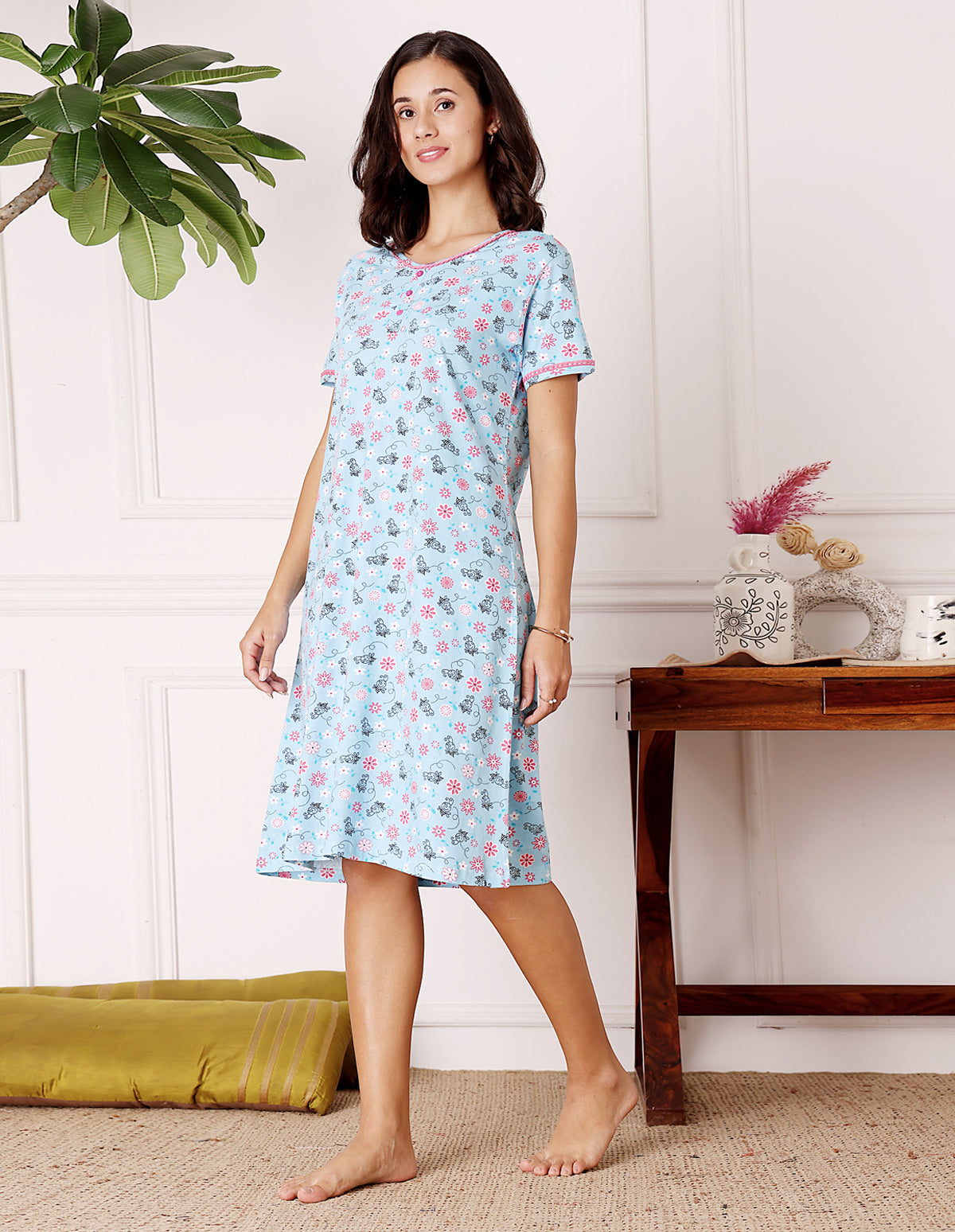 Women’s Blue Short Nighties by Bodycare – Comfortable Cotton Knee-Length Nightdress-BSN9001