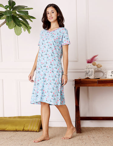 Women’s Blue Short Nighties by Bodycare – Comfortable Cotton Knee-Length Nightdress-BSN9001