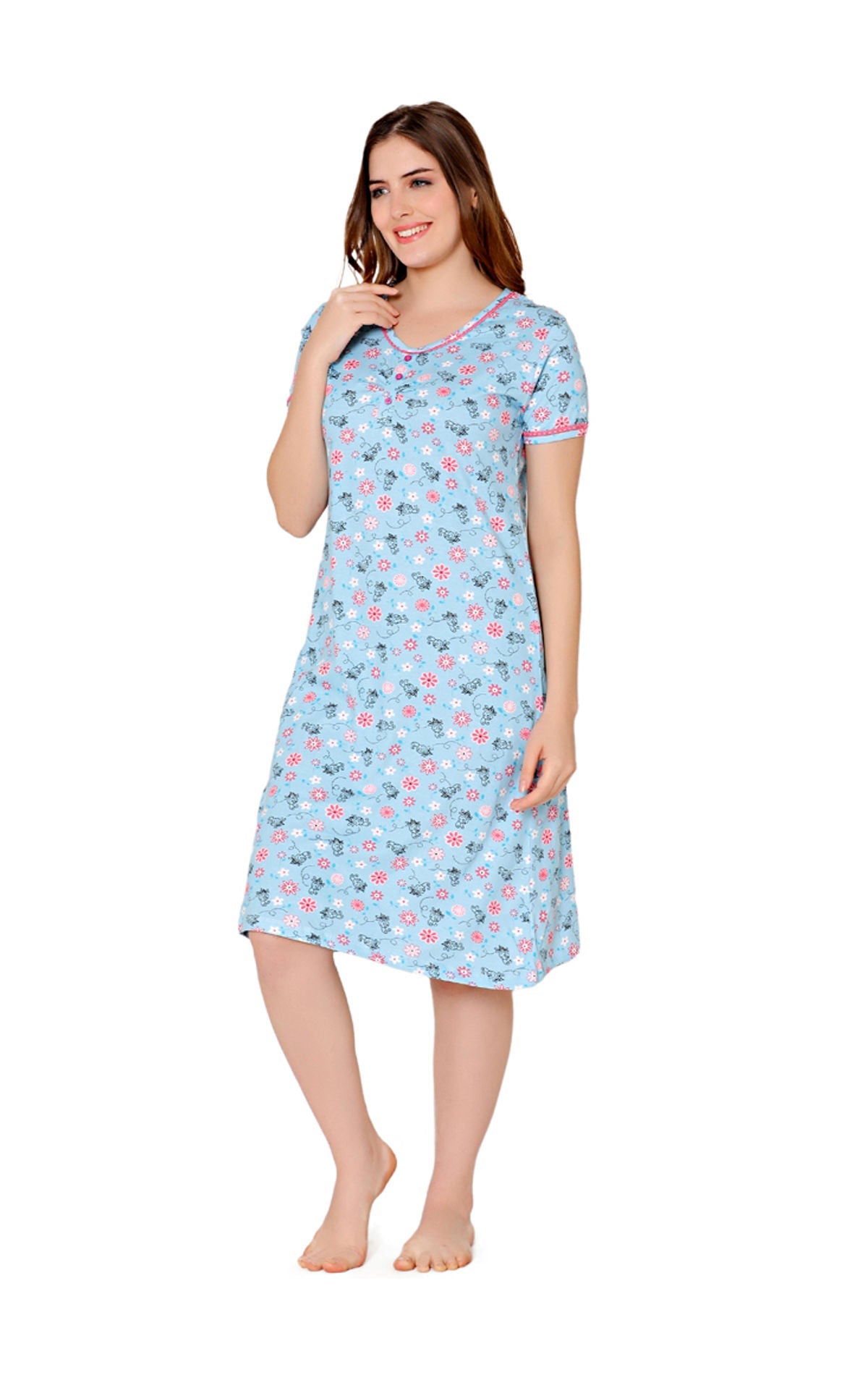 Bodycare Womens Combed Cotton Round Neck Printed Short Night Dress-BSN9001