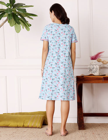 Women’s Blue Short Nighties by Bodycare – Comfortable Cotton Knee-Length Nightdress-BSN9001
