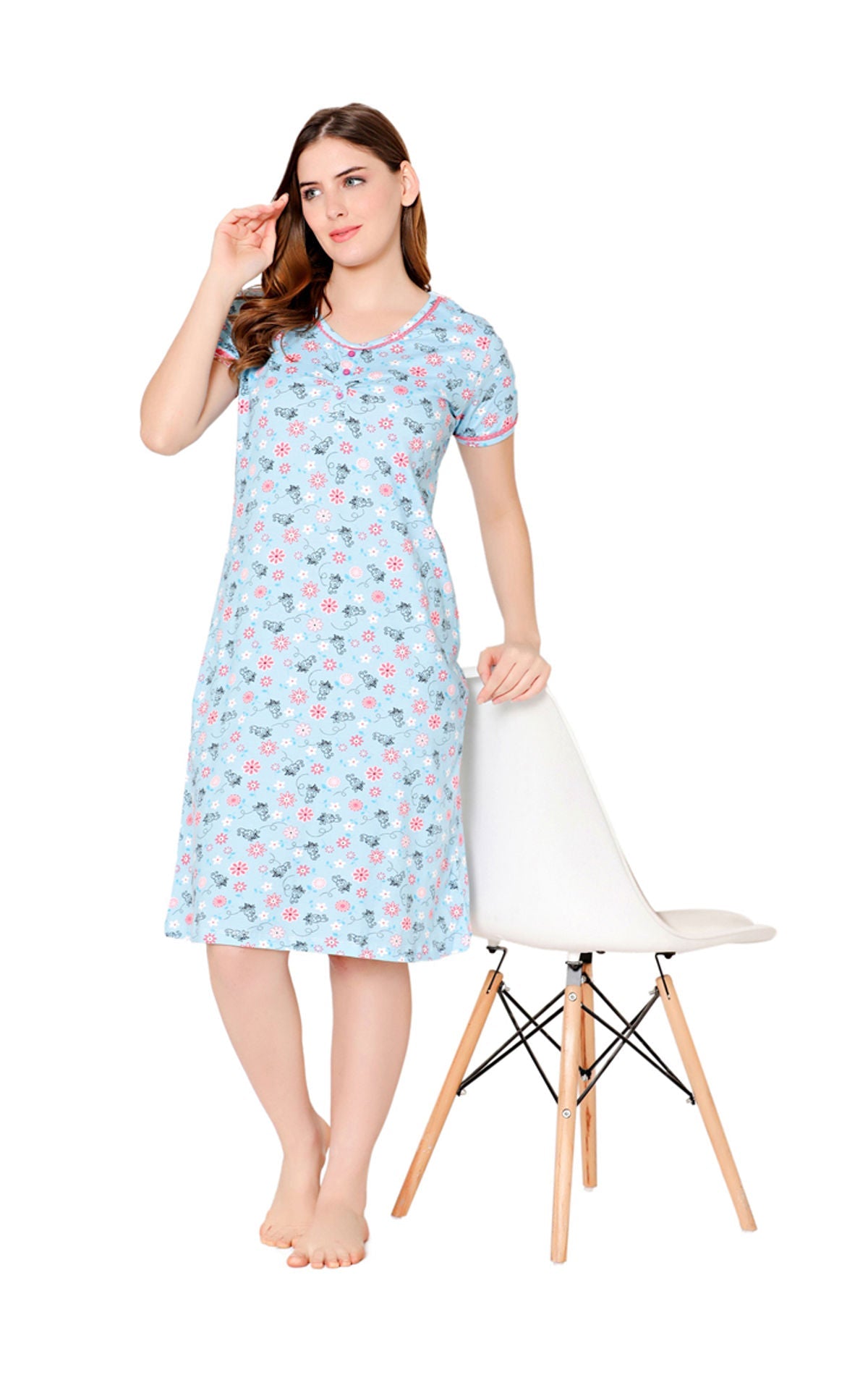 Bodycare Womens Combed Cotton Round Neck Printed Short Night Dress-BSN9001