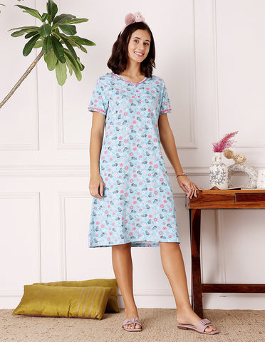 Women’s Blue Short Nighties by Bodycare – Comfortable Cotton Knee-Length Nightdress-BSN9001