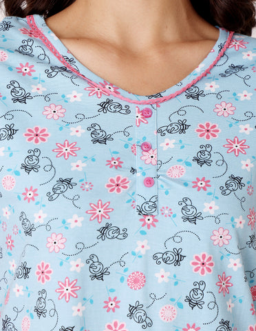 Women’s Blue Short Nighties by Bodycare – Comfortable Cotton Knee-Length Nightdress-BSN9001