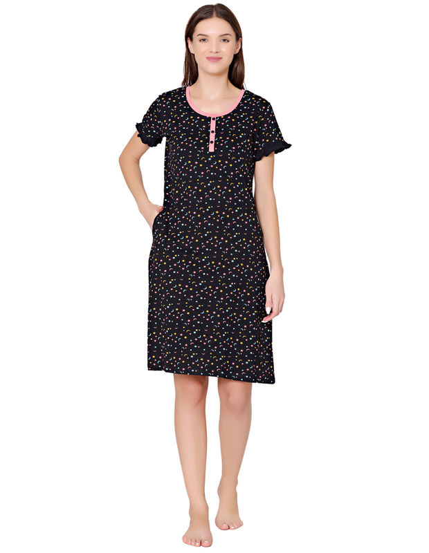 Bodycare Womens Combed Cotton Round Neck Printed Short Night Dress-BSN9003