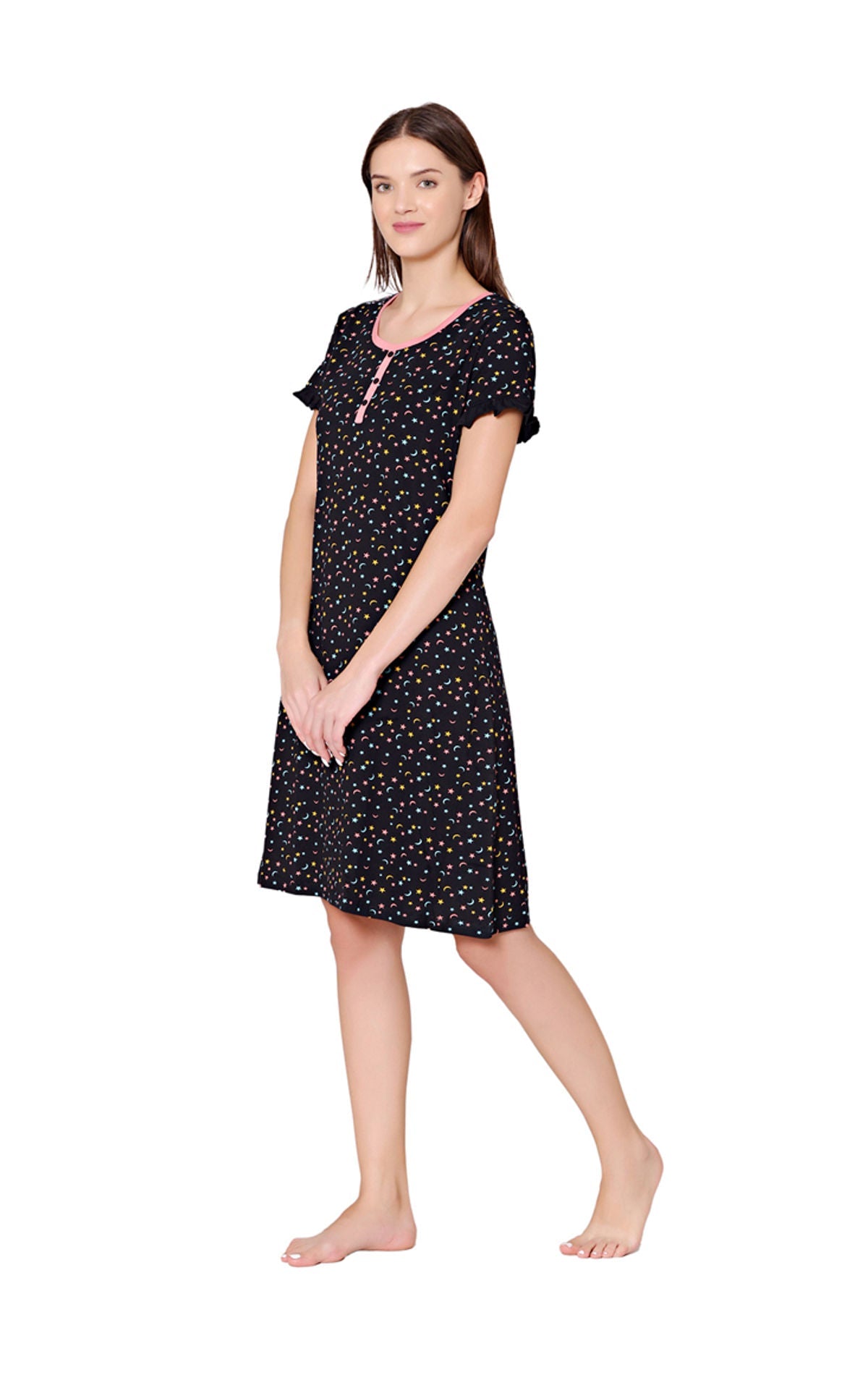 Bodycare Womens Combed Cotton Round Neck Printed Short Night Dress-BSN9003