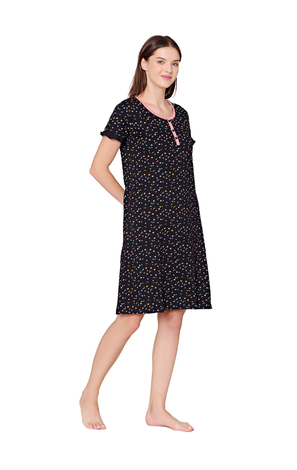 Bodycare Womens Combed Cotton Round Neck Printed Short Night Dress-BSN9003