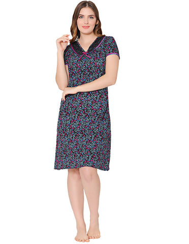 Bodycare Womens Combed Cotton V Neck Printed Short Night Dress-BSN9005