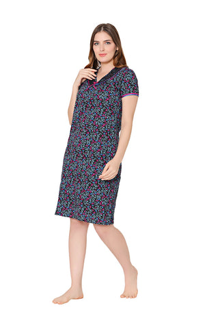 Bodycare Womens Combed Cotton V Neck Printed Short Night Dress-BSN9005