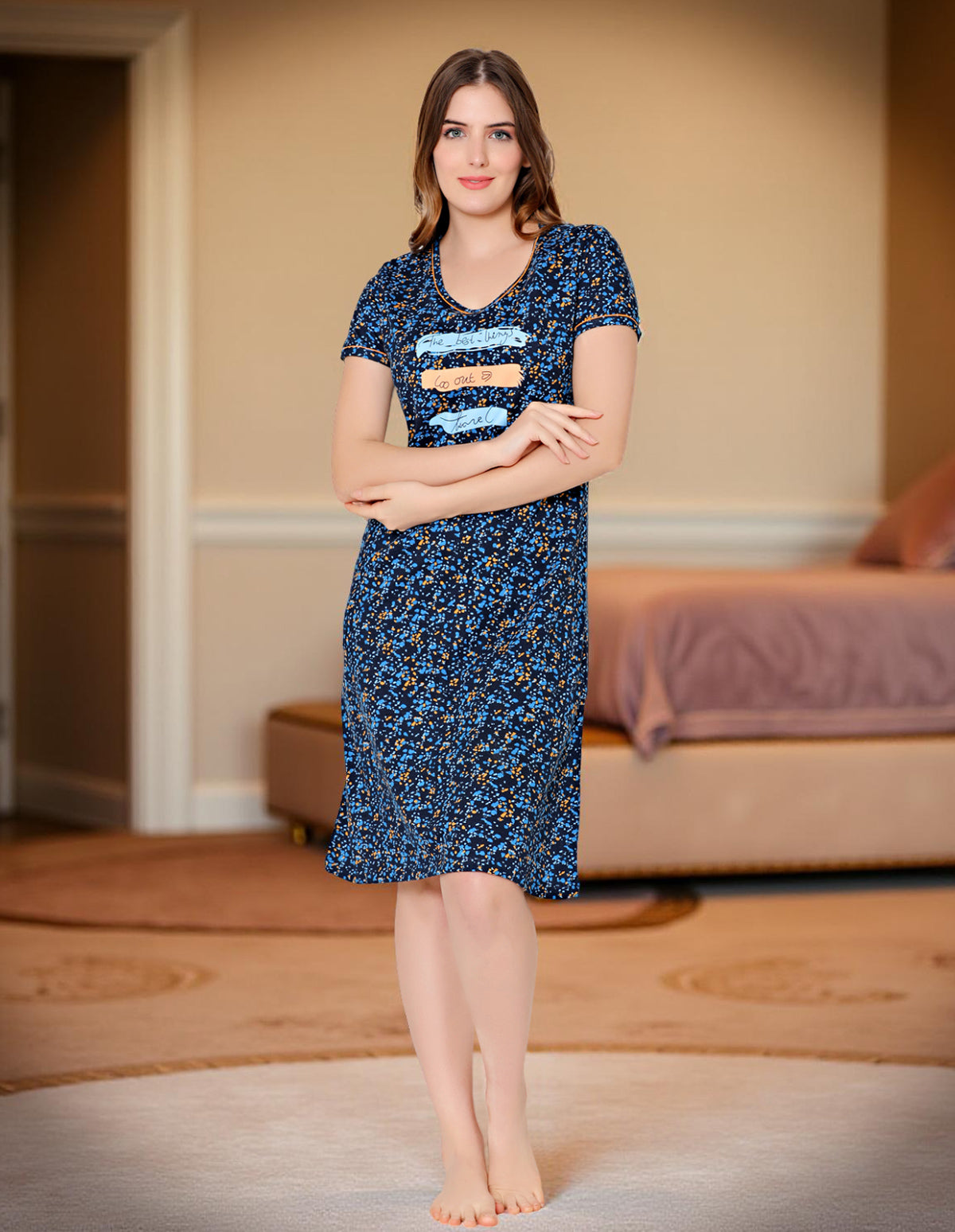 Bodycare Womens Combed Cotton Round Neck Printed Short Night Dress-BSN9009