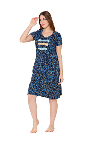 Bodycare Womens Combed Cotton Round Neck Printed Short Night Dress-BSN9009