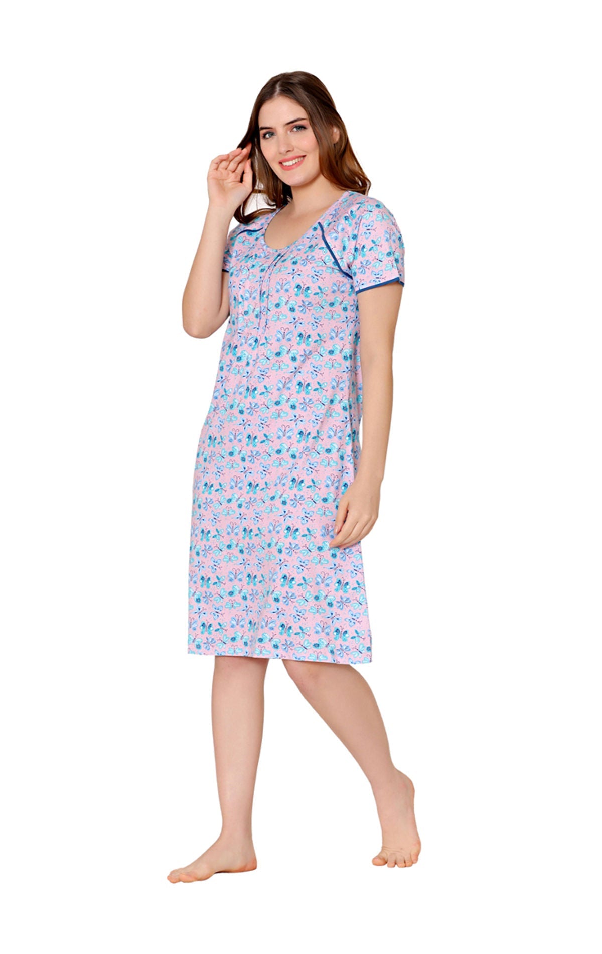 Bodycare Womens Combed Cotton Round Neck Printed Short Night Dress-BSN9011