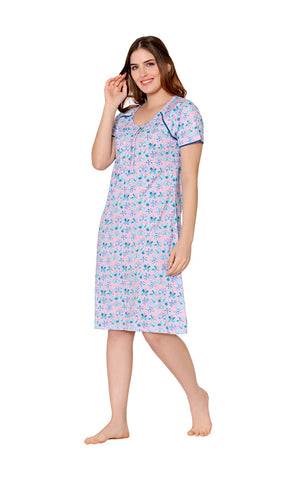 Bodycare Womens Combed Cotton Round Neck Printed Short Night Dress-BSN9011