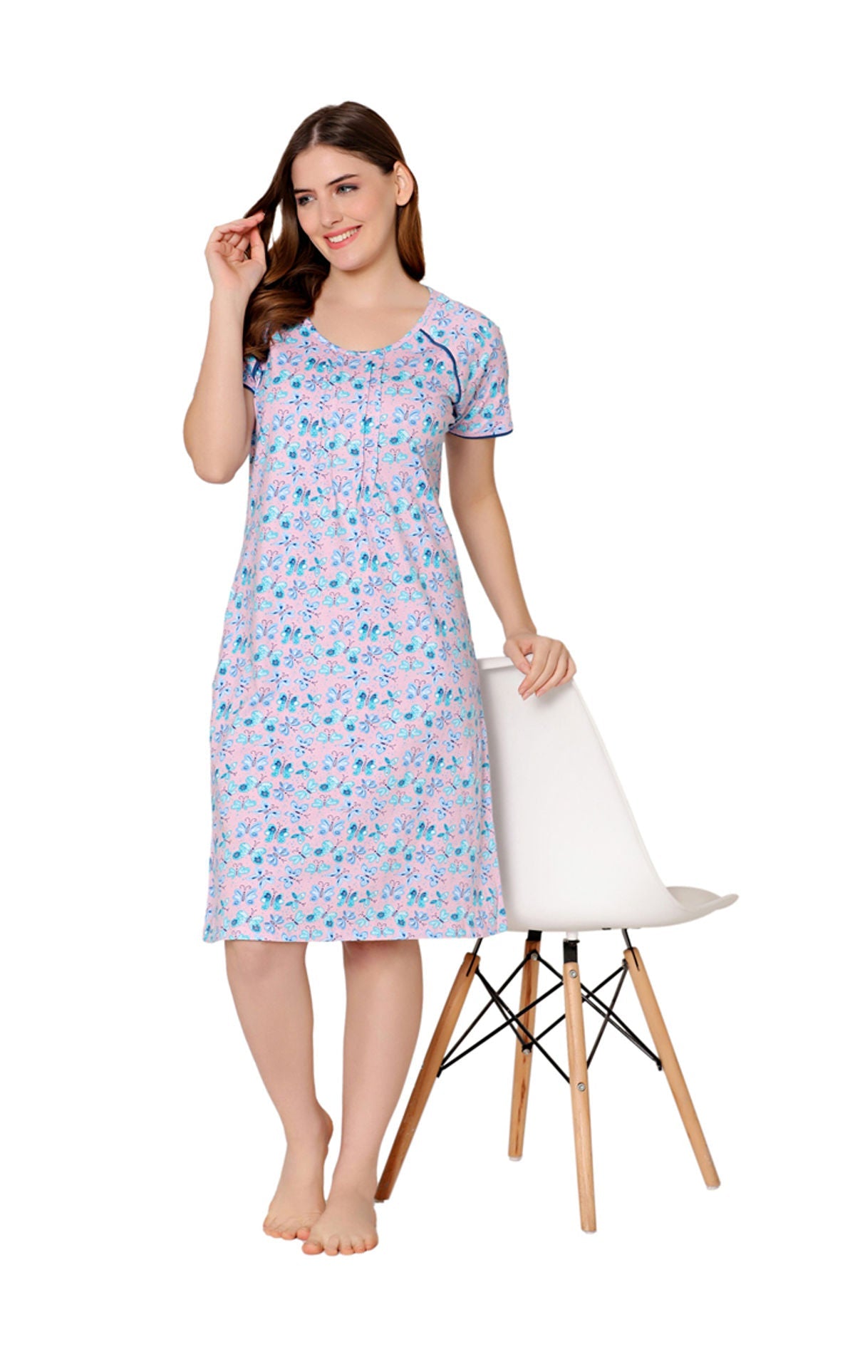 Bodycare Womens Combed Cotton Round Neck Printed Short Night Dress-BSN9011