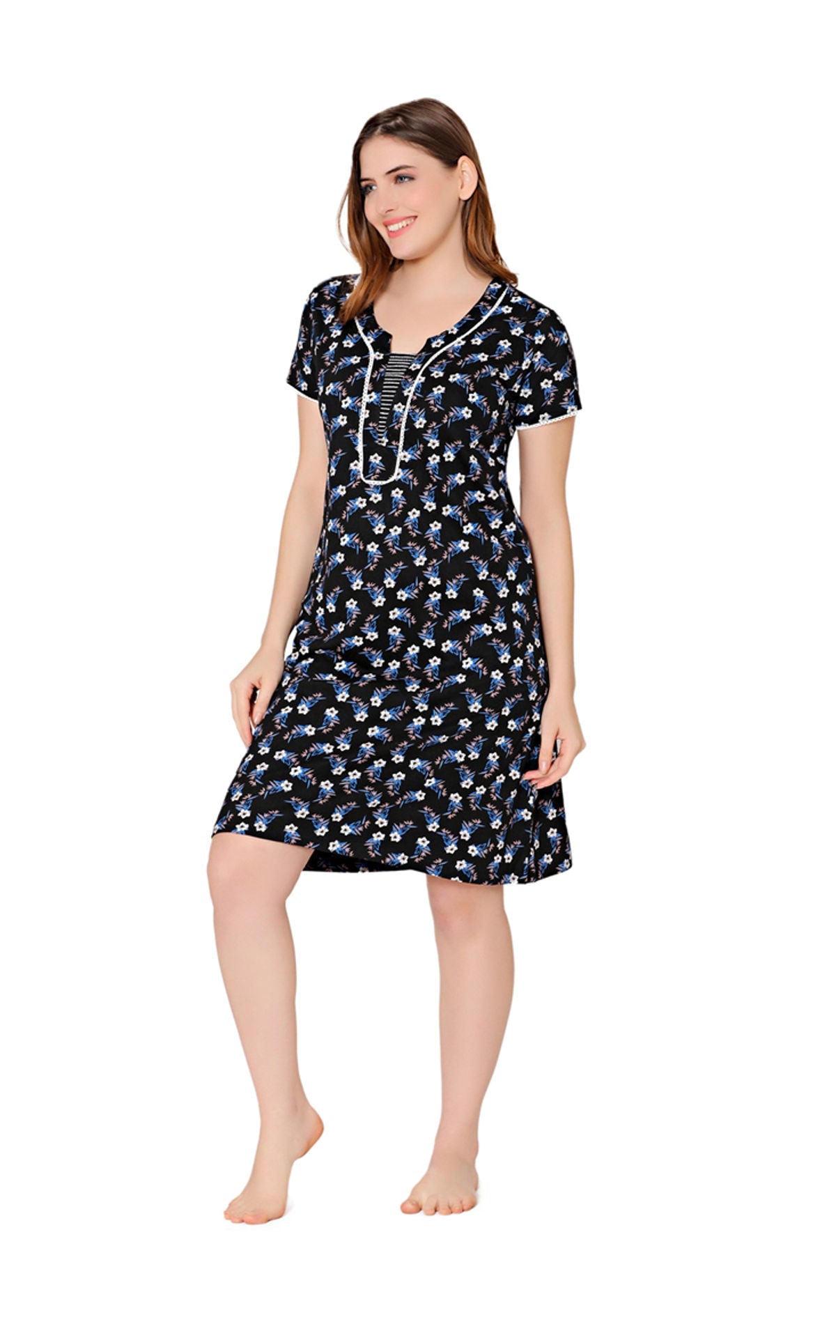 Bodycare Womens Combed Cotton Round Neck Printed Short Night Dress-BSN9012