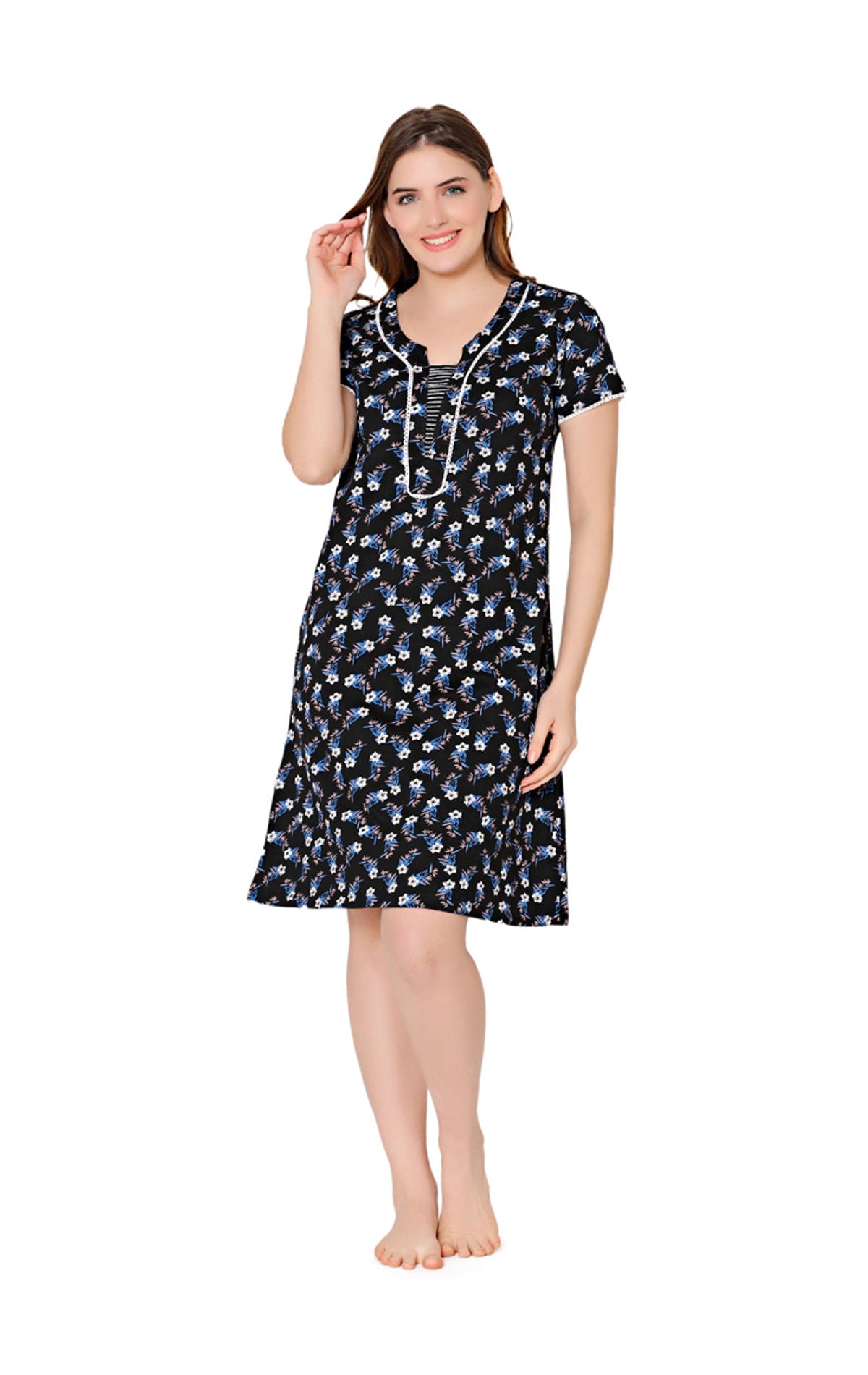 Bodycare Womens Combed Cotton Round Neck Printed Short Night Dress-BSN9012