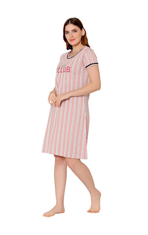 Bodycare Womens Combed Cotton Round Neck Striped Short Night Dress-BSN9013