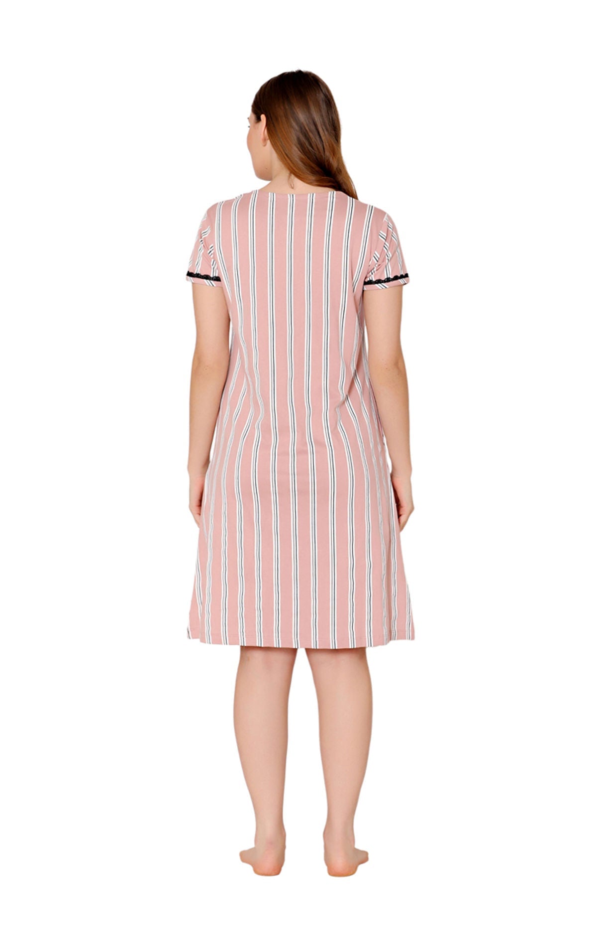 Bodycare Womens Combed Cotton Round Neck Striped Short Night Dress-BSN9013