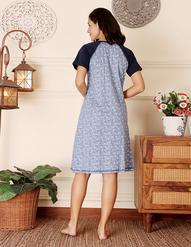 Women’s Blue Short Nighties by Bodycare – Comfortable Cotton Knee-Length Nightdress-BSN9015