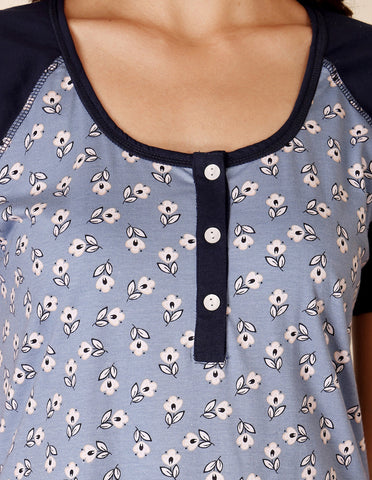 Women’s Blue Short Nighties by Bodycare – Comfortable Cotton Knee-Length Nightdress-BSN9015
