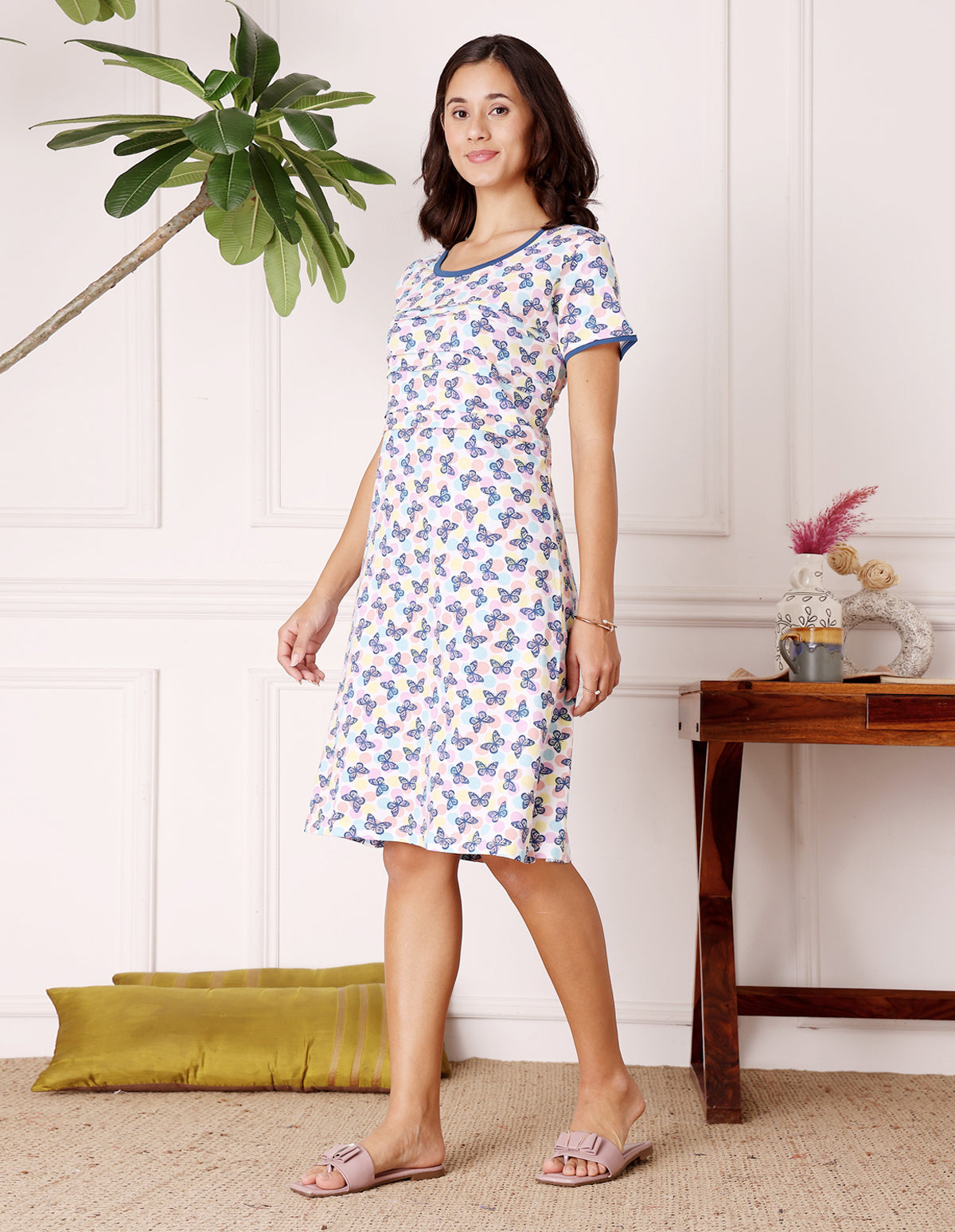 Women’s Multicolor Short Nighties by Bodycare – Comfortable Cotton Knee-Length Nightdress-BSN9020