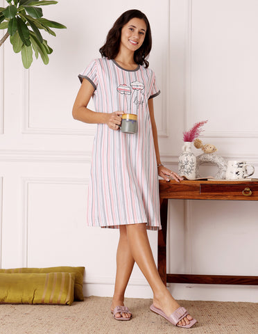 Women’s Multicolor Short Nighties by Bodycare – Comfortable Cotton Knee-Length Nightdress-BSN9021