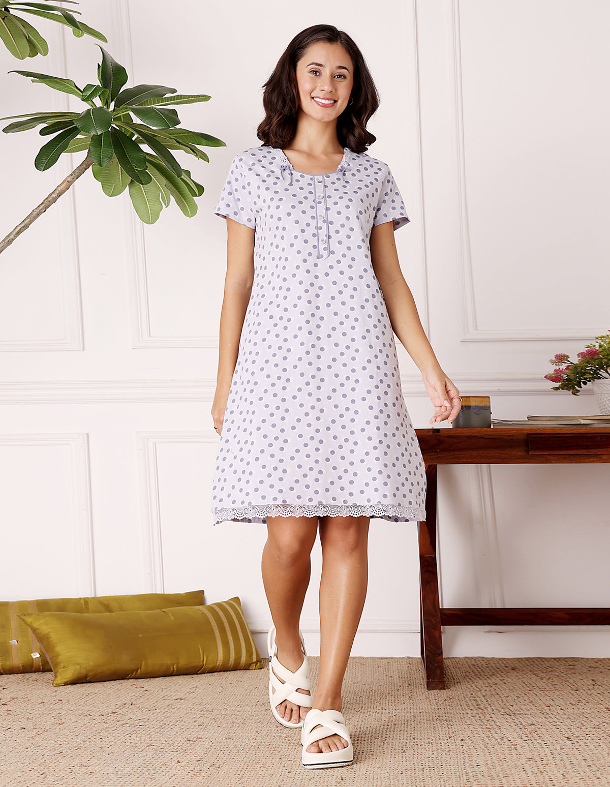 Women’s Grey Short Nighties by Bodycare – Comfortable Cotton Knee-Length Nightdress-BSN9022