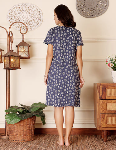 Women’s Blue Short Nighties by Bodycare – Comfortable Cotton Knee-Length Nightdress-BSN9033