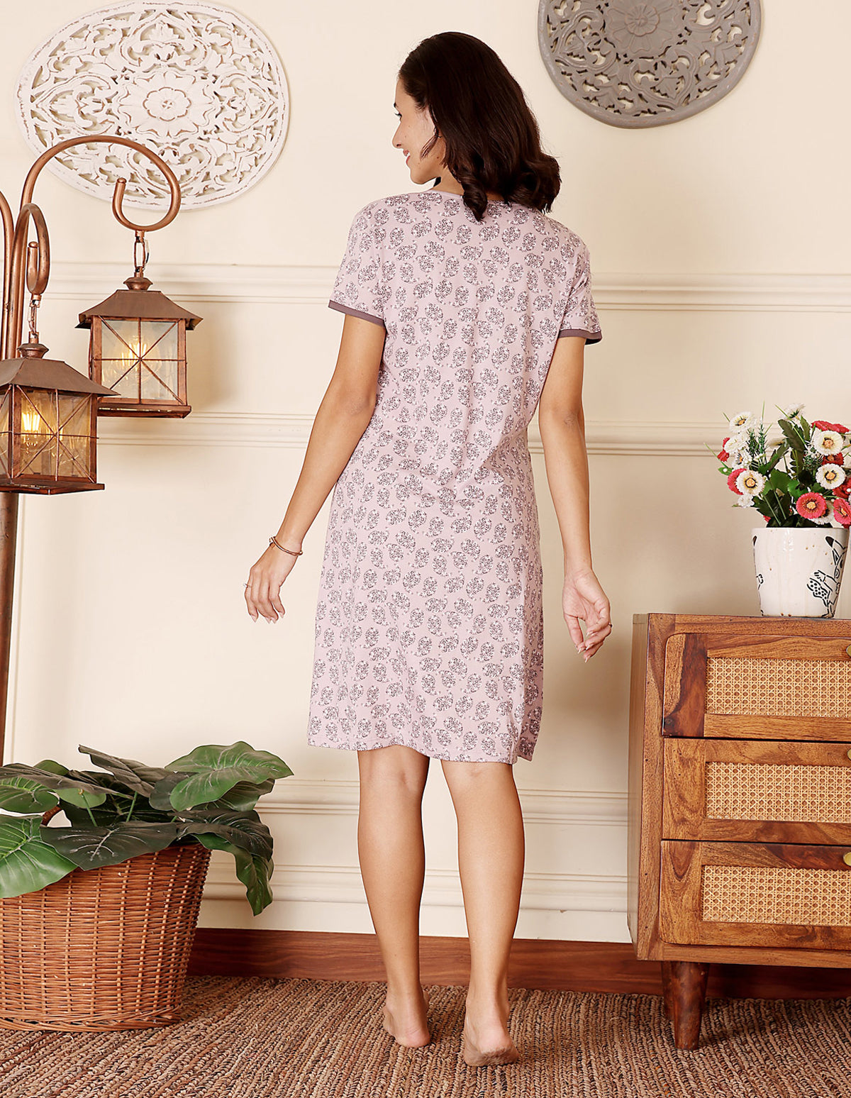 Women’s Pink Short Nighties by Bodycare – Comfortable Cotton Knee-Length Nightdress-BSN9034