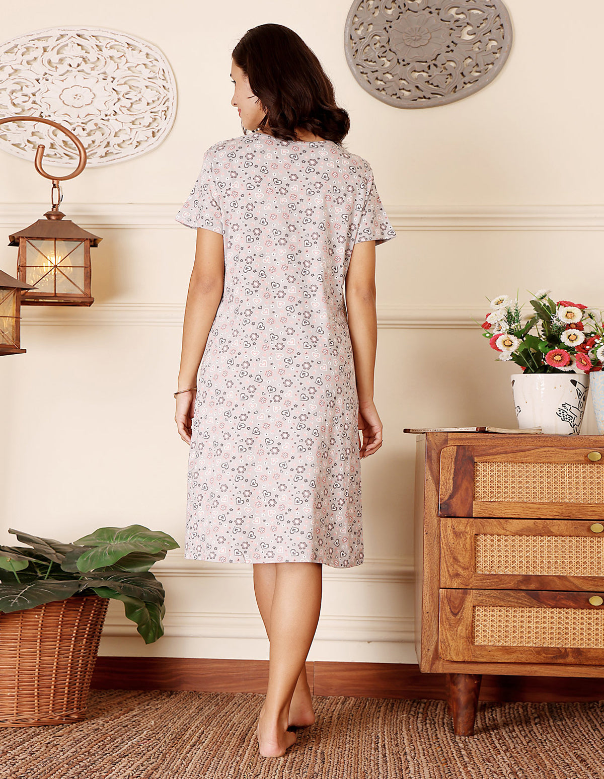 Women’s Grey Short Nighties by Bodycare – Comfortable Cotton Knee-Length Nightdress-BSN9035