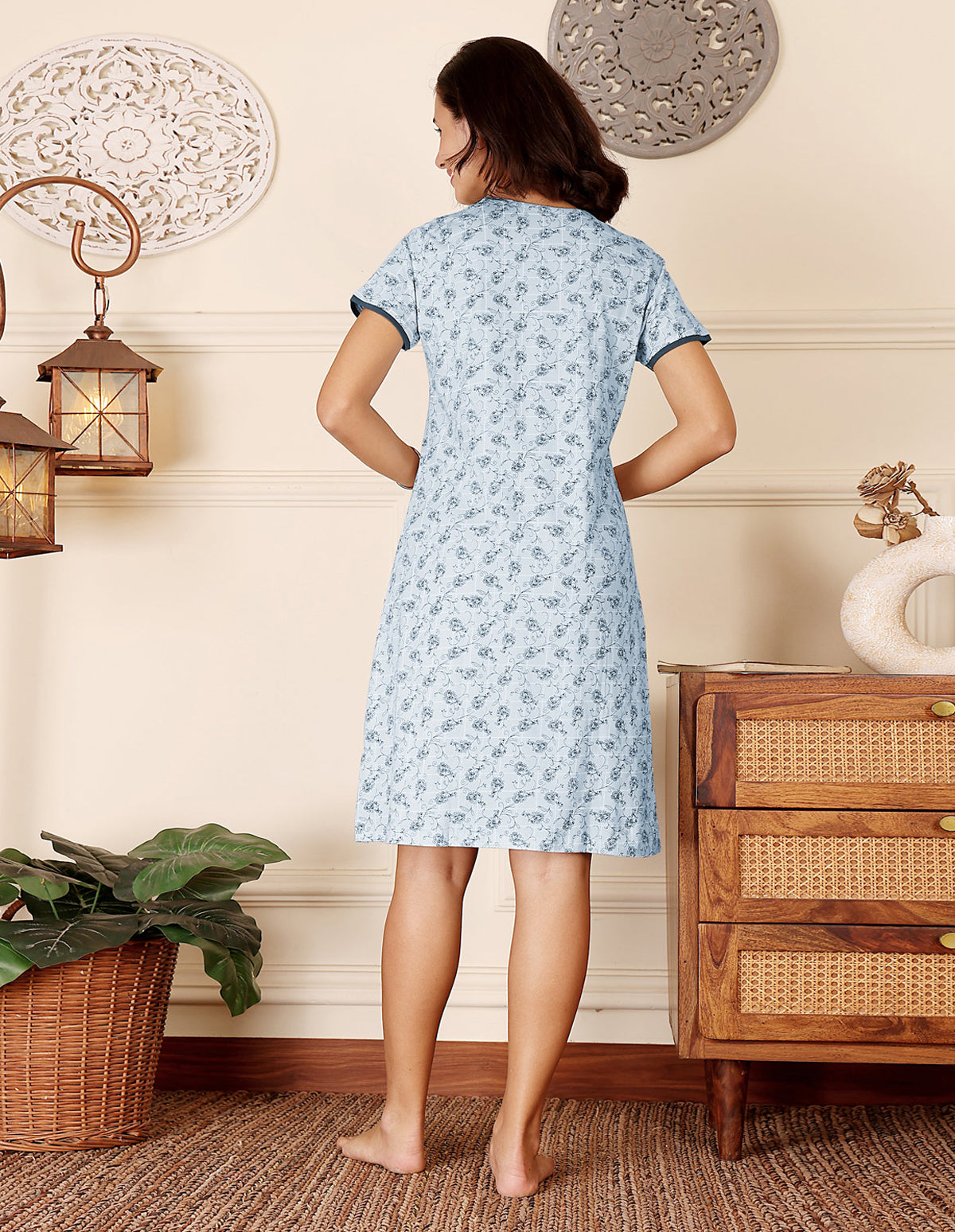 Women’s Blue Short Nighties by Bodycare – Comfortable Cotton Knee-Length Nightdress-BSN9036