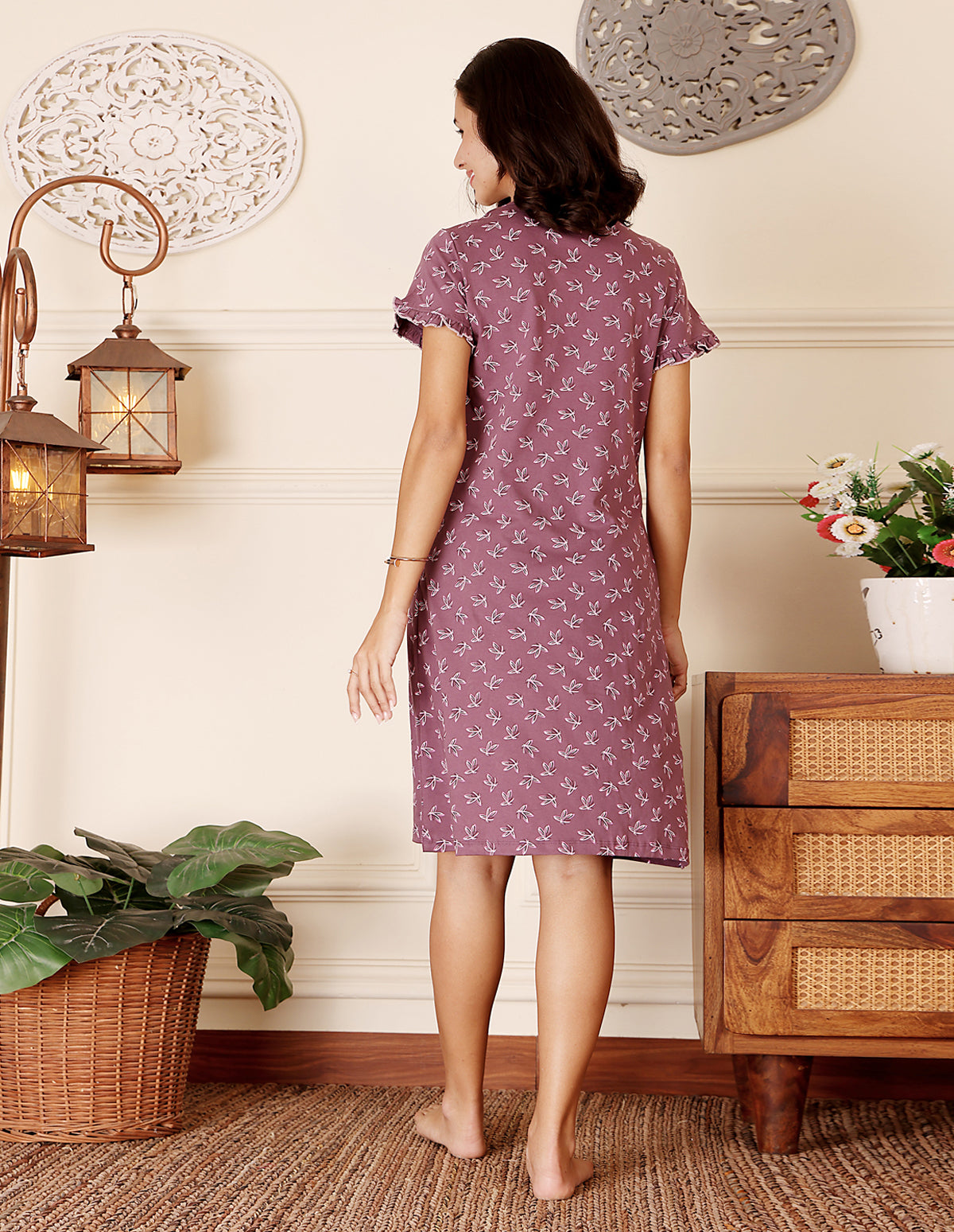 Women’s Purple Short Nighties by Bodycare – Comfortable Cotton Knee-Length Nightdress-BSN9040