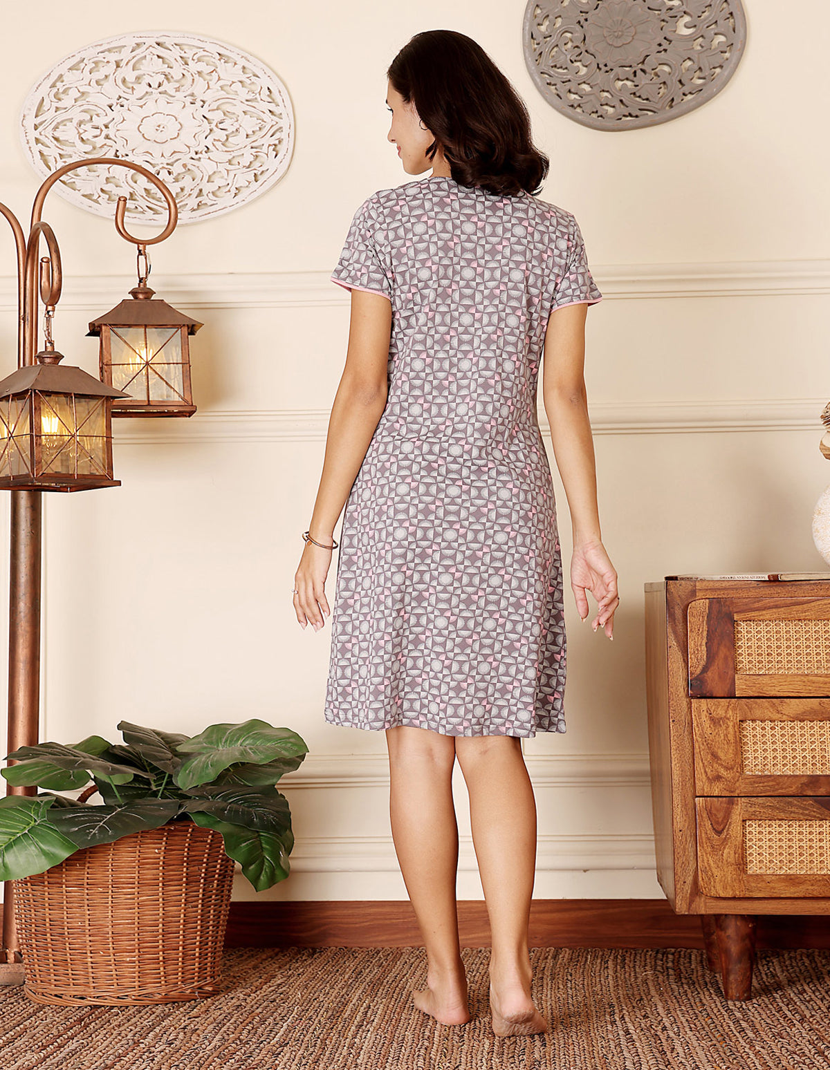 Women’s Grey Short Nighties by Bodycare – Comfortable Cotton Knee-Length Nightdress-BSN9041