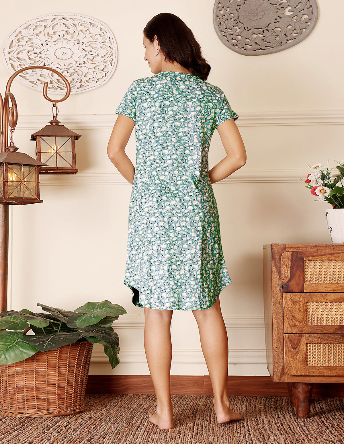 Women’s Green Short Nighties by Bodycare – Comfortable Cotton Knee-Length Nightdress-BSN9042