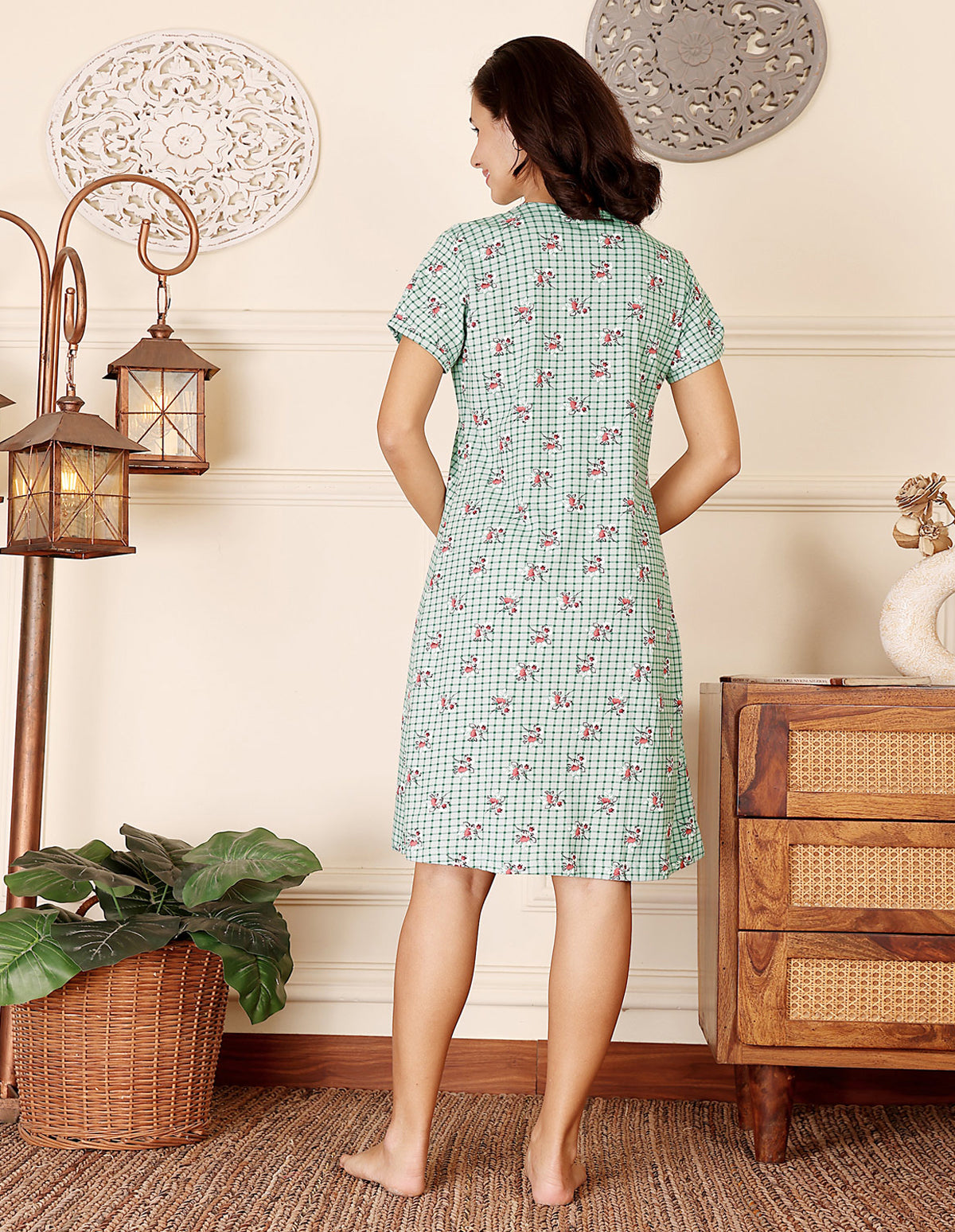 Women’s Green Short Nighties by Bodycare – Comfortable Cotton Knee-Length Nightdress-BSN9043