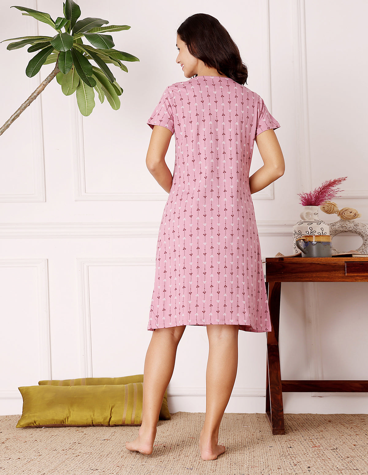 Women’s Pink Short Nighties by Bodycare – Comfortable Cotton Knee-Length Nightdress-BSN9044