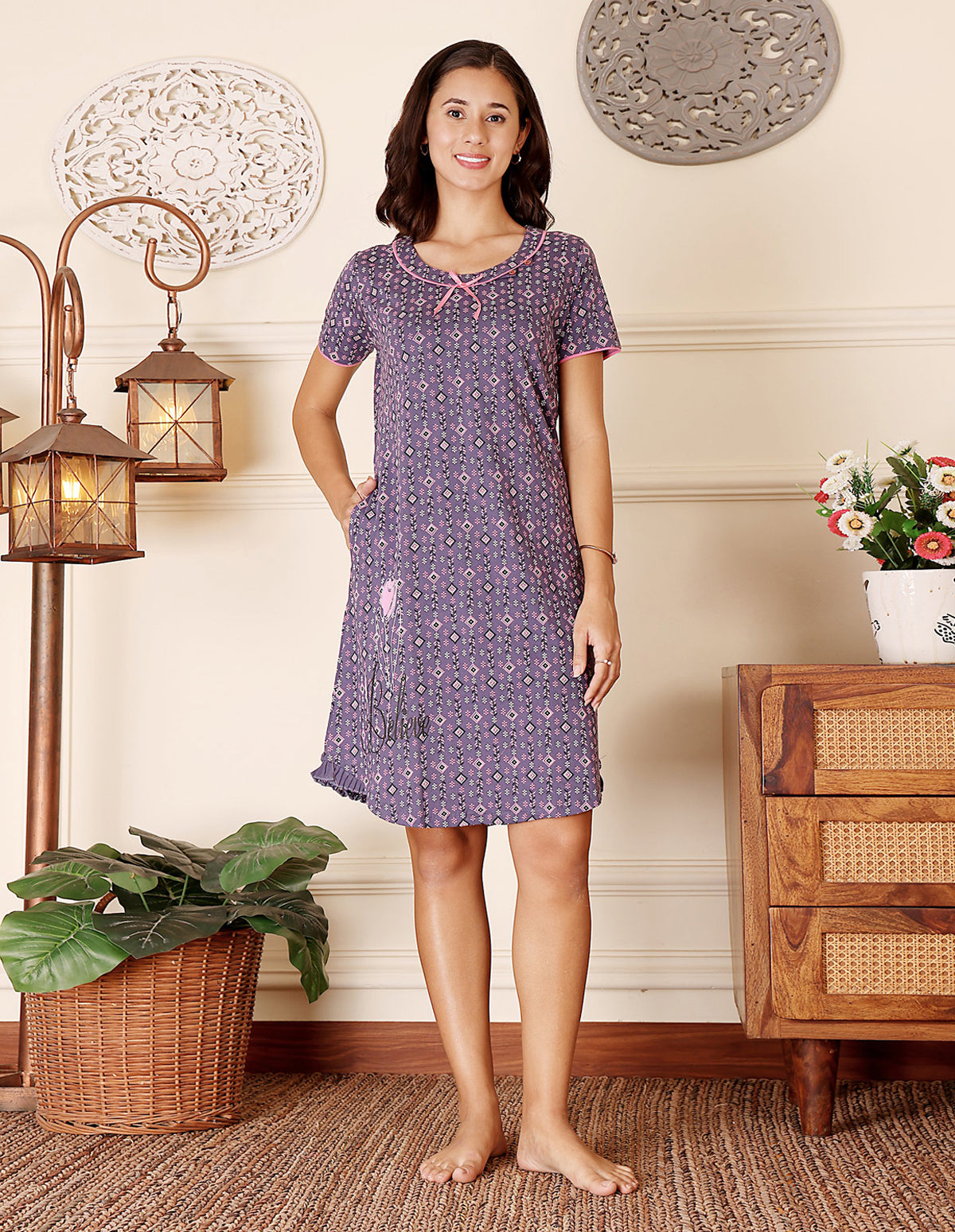 Women’s Purple Short Nighties by Bodycare – Comfortable Cotton Knee-Length Nightdress-BSN9047