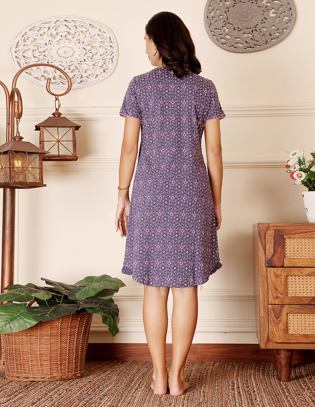 Women’s Purple Short Nighties by Bodycare – Comfortable Cotton Knee-Length Nightdress-BSN9047