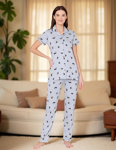 Bodycare Womens Cotton Printed Night Suit Set of Shirt & Pyjama-BSNS18009