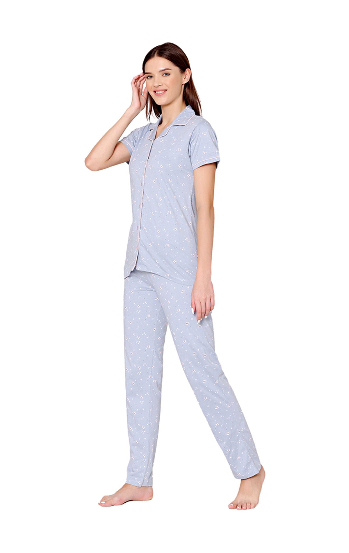 Bodycare Womens Cotton Printed Night Suit Set of Shirt & Pyjama-BSNS18010