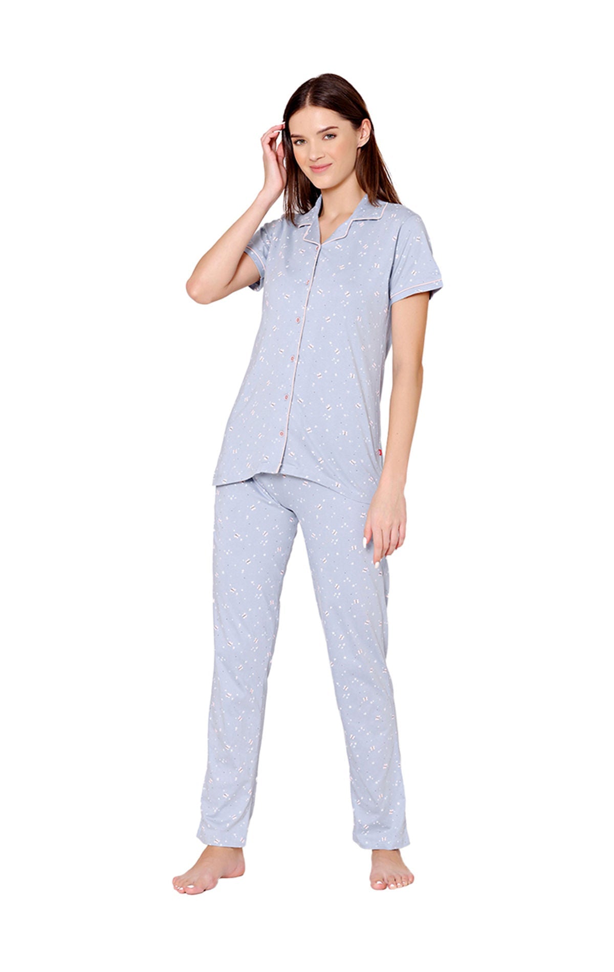 Bodycare Womens Cotton Printed Night Suit Set of Shirt & Pyjama-BSNS18010