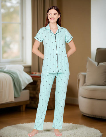 Bodycare Womens Cotton Printed Night Suit Set of Shirt & Pyjama-BSNS18013